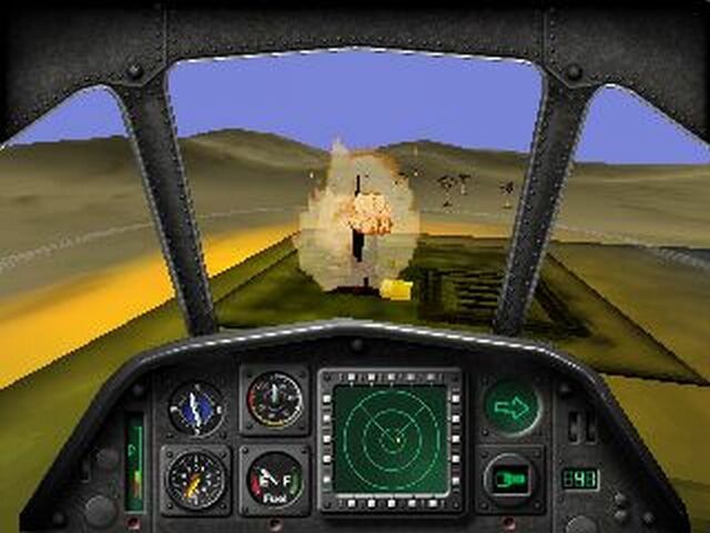Super Huey III (Windows) screenshot: Cockpit view of combat.