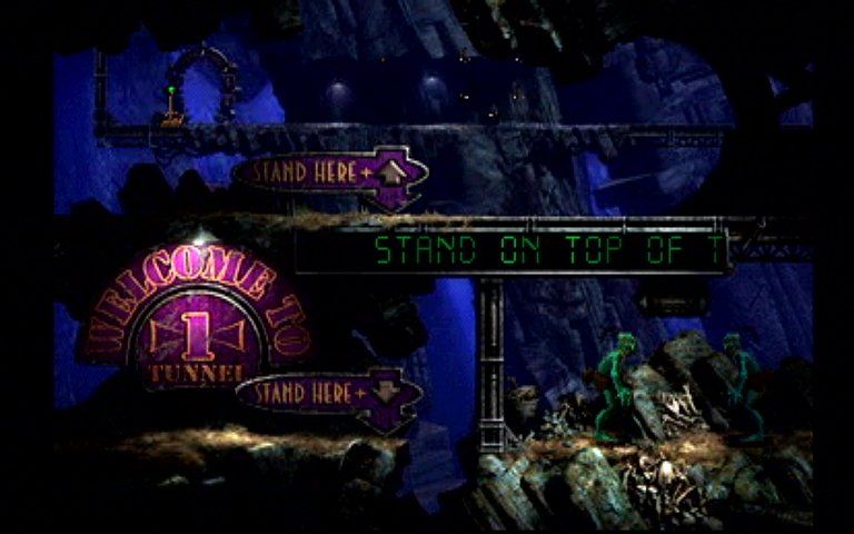 Oddworld: Abe's Exoddus (PlayStation) screenshot: A tunnel level early in the game. Interacting with other Mudokons is important