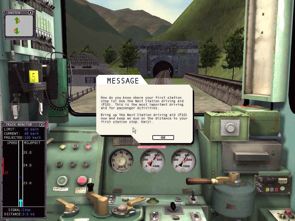 Microsoft Train Simulator (Windows) screenshot: Helpful messages popup every now and then.