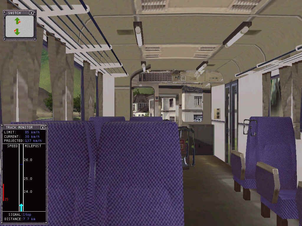 Microsoft Train Simulator (Windows) screenshot: The inside of the passenger train. Not very nice, is it?