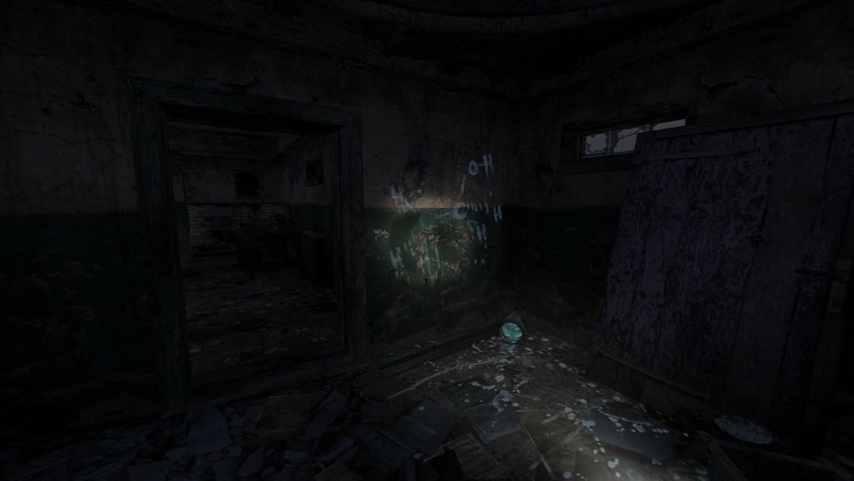 Dear Esther (Windows) screenshot: Exploring the house. The island has chemical symbols all over the place.