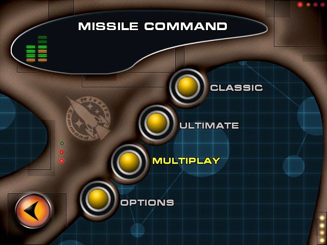 Missile Command (Windows) screenshot: The main menu and three gameplay choices.