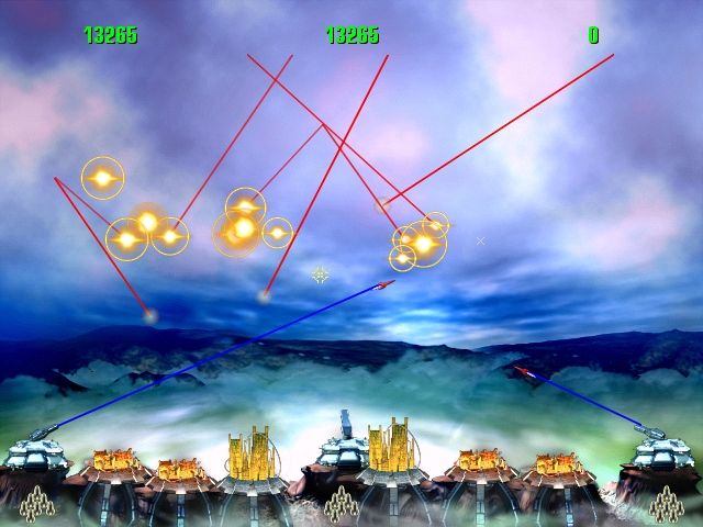 Missile Command (Windows) screenshot: Defend the six cities with your three missile stations.