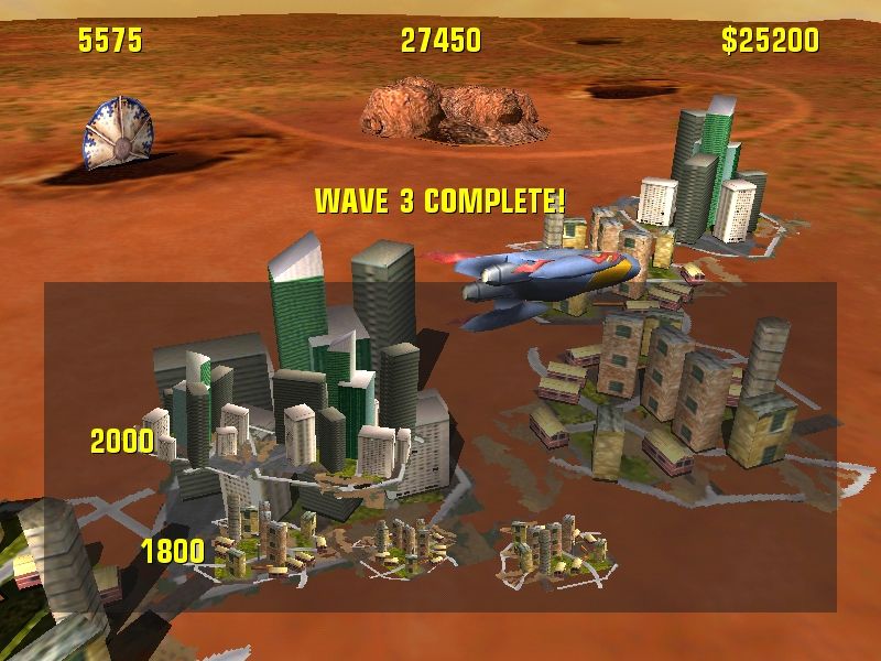 Missile Command (Windows) screenshot: Defending the larger cities is worth more at the end of each level.