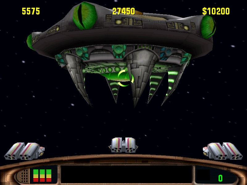 Missile Command (Windows) screenshot: Every few levels, you'll get to face off against a boss alien.