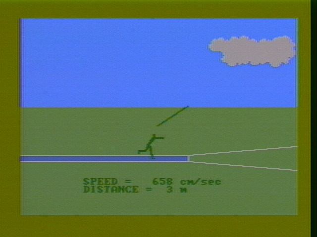 Olympic Decathlon (PC Booter) screenshot: Throwing the javelin (CGA with composite monitor)