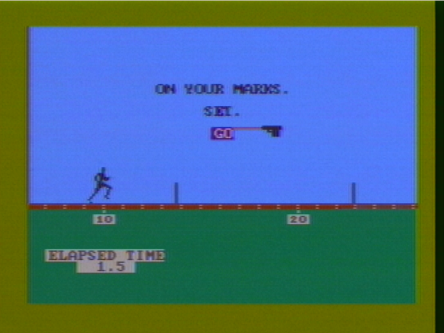 Olympic Decathlon (PC Booter) screenshot: The hurdles (CGA with composite monitor)