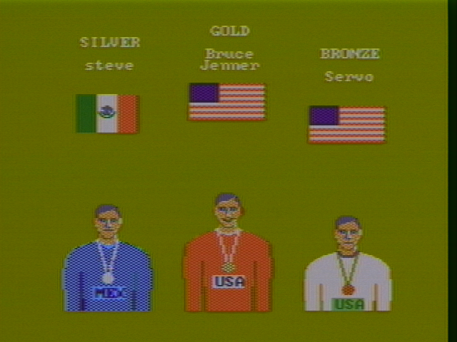 Olympic Decathlon (PC Booter) screenshot: And the final results are in (CGA with composite monitor)