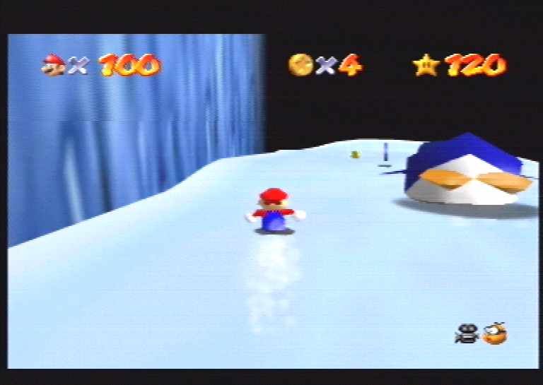 Super Mario 64 (Nintendo 64) screenshot: Mario races a rotund penguin down an icy ramp.