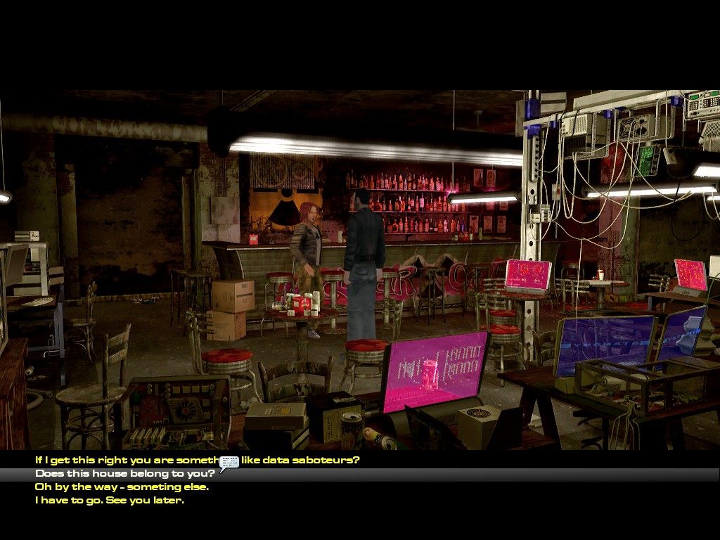 The Moment of Silence (Windows) screenshot: Inside the Nuclear Café, the cover name for Alien Attack Club