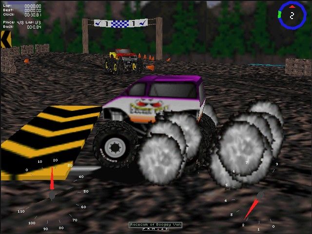 Monster Truck Madness (Windows) screenshot: Through the safety signs.