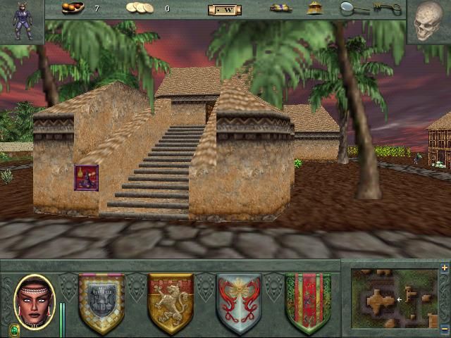 Might and Magic VIII: Day of the Destroyer (Windows) screenshot: Dagger Wound Island has a tropical feel, with "tribal" elements in the architecture