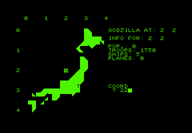 Godzilla! (Commodore PET/CBM) screenshot: Enter coordinates