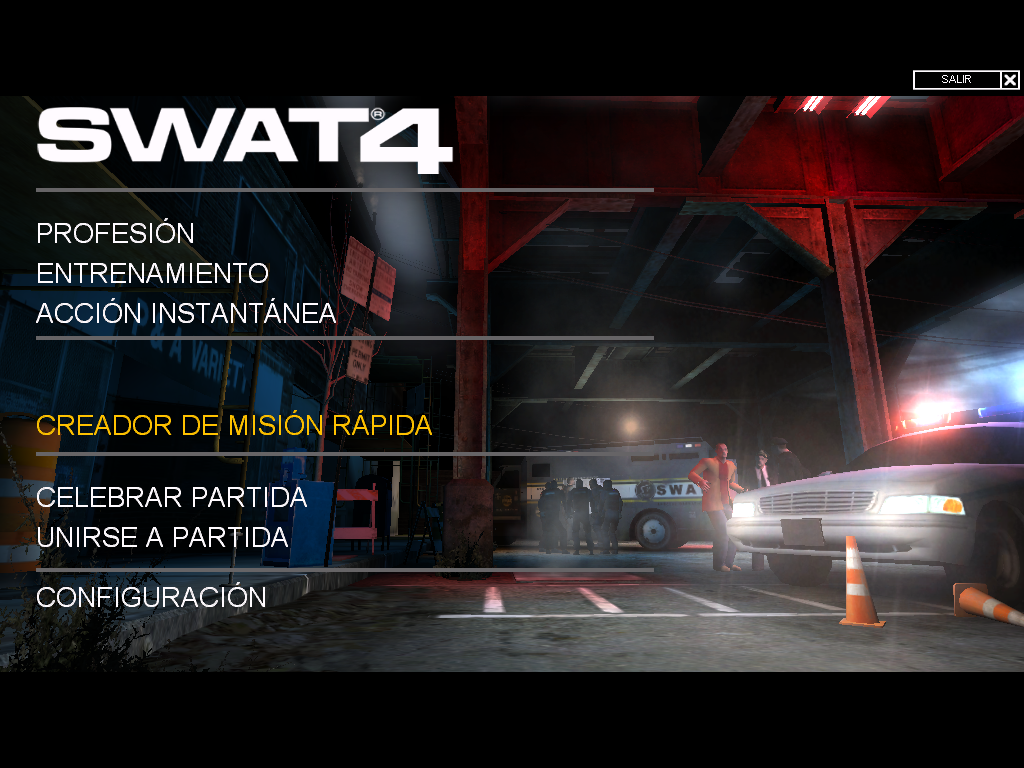 SWAT 4 (Windows) screenshot: Main menu (Spanish version)