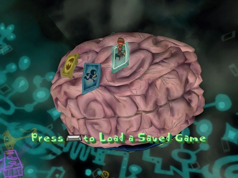 Psychonauts (Windows) screenshot: Title screen. Damn great idea! You actually run around on the brain to choose to either load a game or start a new one