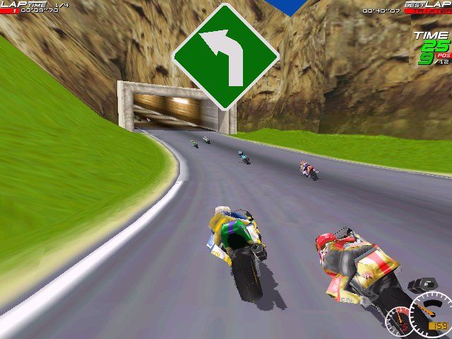 Moto Racer (Windows) screenshot: Racing around a curve