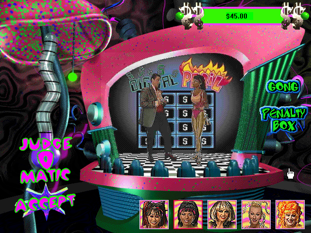 Ms. Metaverse (Windows) screenshot: Brains contest: For each character, the game selects one out of four or five video clips at random  usually sketches with painfully bad puns. Youre supposed to rate the performance.