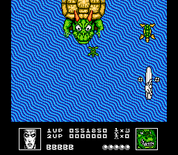 Silver Surfer (NES) screenshot: Battle with a giant turtle and his smaller turtle spawn.