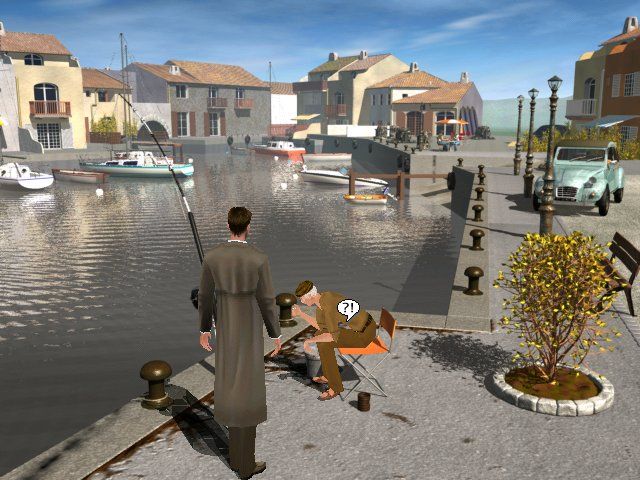 The Mystery of the Druids (Windows) screenshot: When you're able to talk to someone, the cursor changes to a "bubble". By the way, the water moves and you can hear sounds of seagulls in this seaport.
