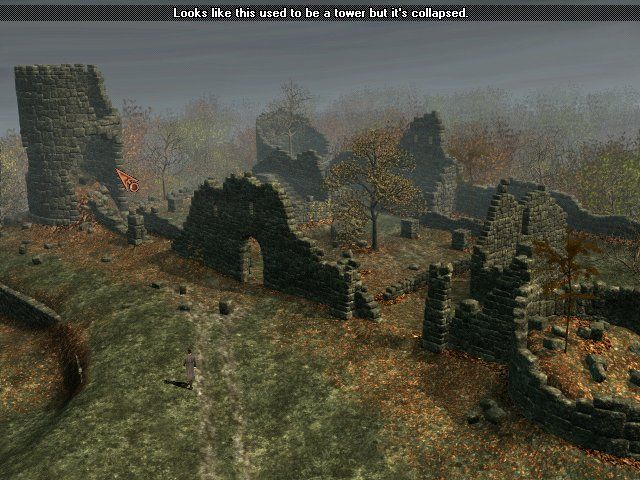 The Mystery of the Druids (Windows) screenshot: The ruins of an ancient druidic castle. Right-click on any object to hear comments.