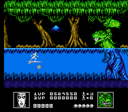 Silver Surfer (NES) screenshot: Reptyl rides on the back of his pet dinosaur.