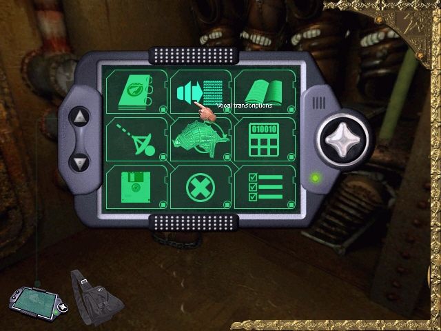 The Mystery of the Nautilus (Windows) screenshot: Access all major functions in your PDA (bottom left of the screen). The other pouch is the inventory backpack, which always remains on-screen.