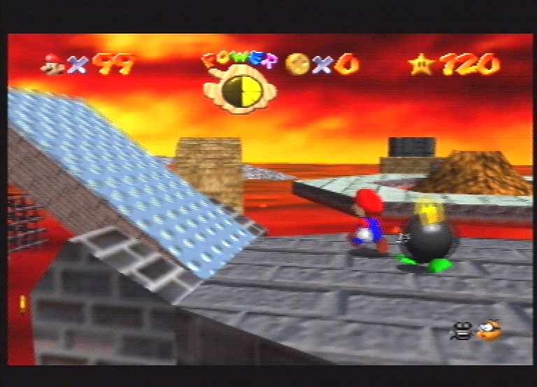 Super Mario 64 (Nintendo 64) screenshot: Mario evades an annoying bomb-based baddie in Lethal Lava Land