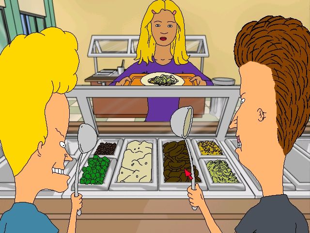 MTV's Beavis and Butt-Head: Do U. (Windows) screenshot: "How come we're serving food? This is just like Burger World. Thank you, drive through."