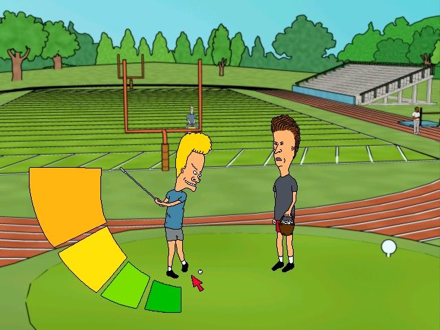 MTV's Beavis and Butt-Head: Do U. (Windows) screenshot: "Hey Butthead watch! Bunghole in one!" "Beavis you dumbass. That's our other game"