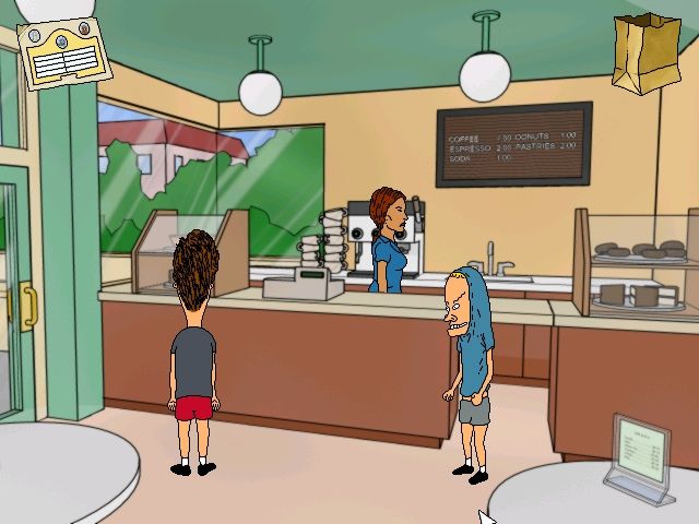 MTV's Beavis and Butt-Head: Do U. (Windows) screenshot: "I am Cornholio! My bunghole will speak now!." "Uh, he like needs more coffee and stuff."