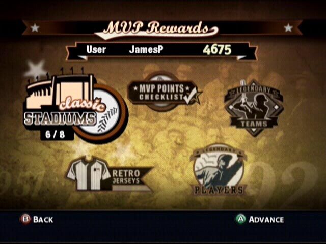 MVP Baseball 2004 (Xbox) screenshot: You can unlock stadiums, players, uniforms and teams by spending points.