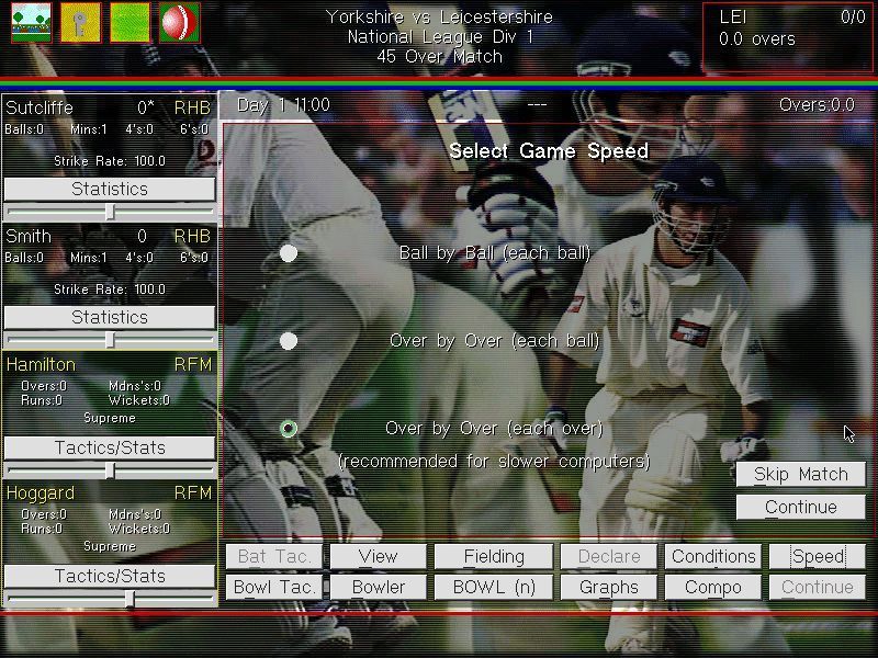 Michael Vaughan's Championship Cricket Manager (Windows) screenshot: Changing the game's speed is useful as it means the manager can adjust tactics on a ball by ball basis. Here the faster over by over option has been chosen.