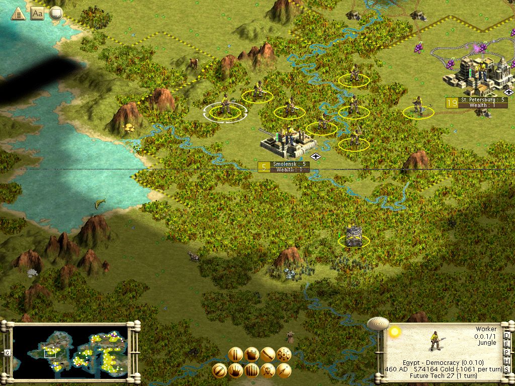 Sid Meier's Civilization III (Windows) screenshot: These workers are cutting down the jungles because they have caused disease in Smolensk
