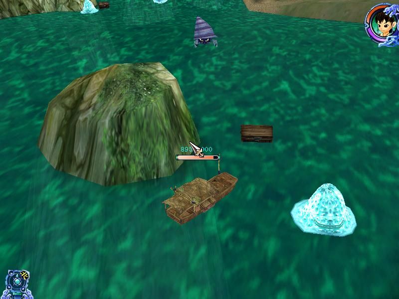 Xianjian Qixia Zhuan 3 (Windows) screenshot: Mini-game: navigate your ship, trying to avoid collision with rocks and earth, fighting or avoiding enemies, and picking as many treasure chests as possible.