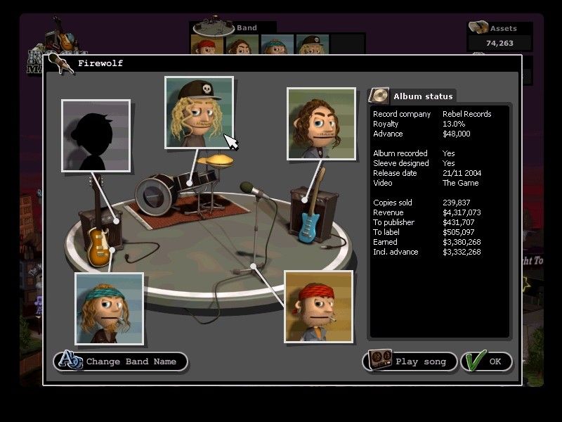 Rock Manager (Windows) screenshot: The band Firewolf. In a later mission you will be managing those guys