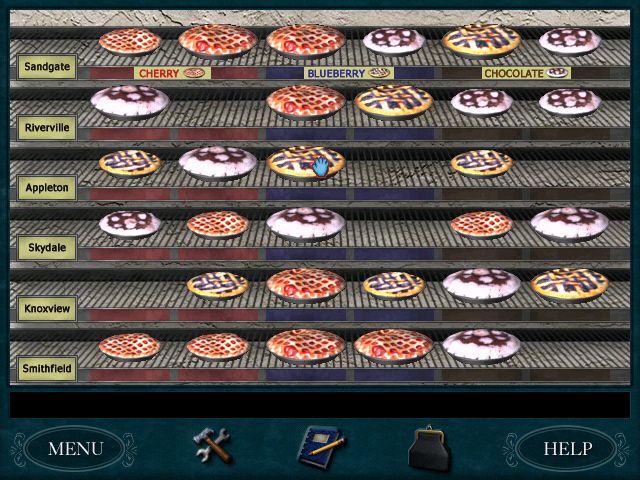 Nancy Drew: Secret of the Old Clock (Windows) screenshot: In this puzzle, sort the proper pies for each customer per the instructions
