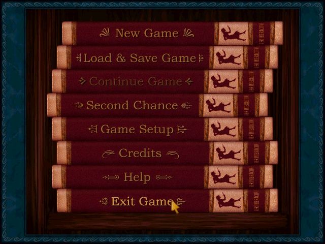 Nancy Drew: Treasure in the Royal Tower (Windows) screenshot: Main menu for saving, loading, setup and exiting the game