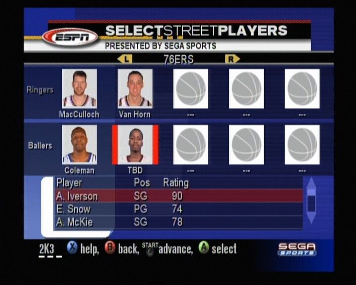NBA 2K3 (Xbox) screenshot: Selecting players for two on two street play