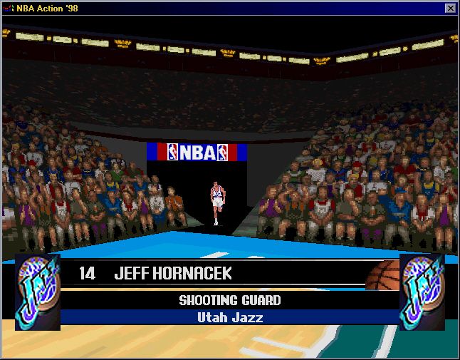 NBA Action 98 (Windows) screenshot: Team presentation, Jeff Hornacek enters the Delta center (window)