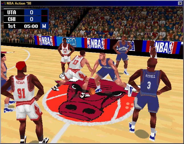 NBA Action 98 (Windows) screenshot: Getting ready for the tip, although with the ball down there you'd think this is a soccer game (window)