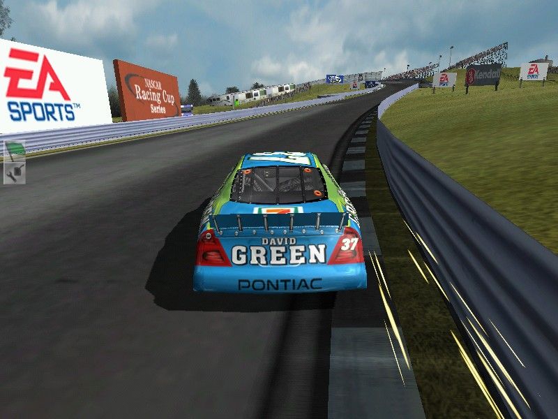 NASCAR Thunder 2004 (Windows) screenshot: Hitting borders will make you loose speed and see sparks