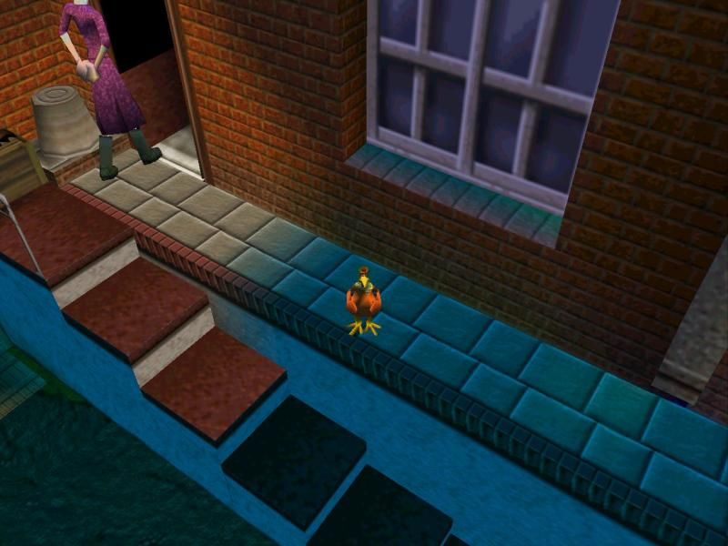 Chicken Run (Windows) screenshot: Hmm-hmm-hmm. I'm just a novelty garden gnome me, uh-huh.