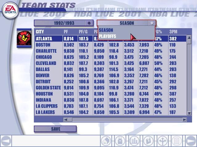 NBA Live 2001 (Windows) screenshot: Team statistics