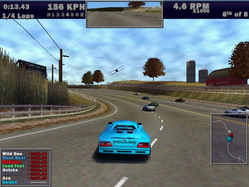 Need for Speed III: Hot Pursuit (Windows) screenshot: Hometown: The hometown track has a lovely rural setting. The car is a Spectre R42
