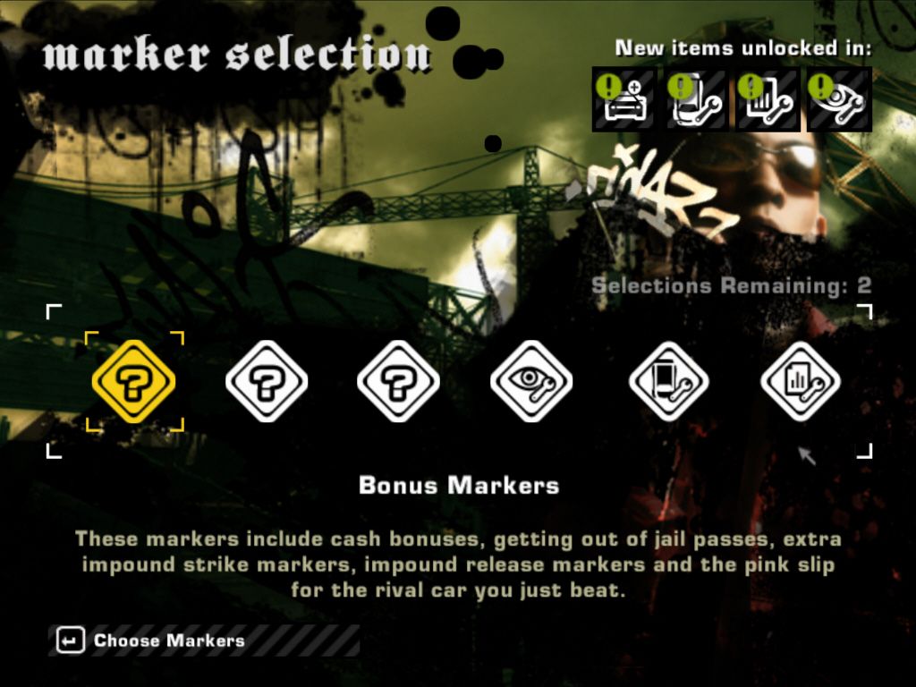 Need for Speed: Most Wanted (Windows) screenshot: After beating a Black List racer you get 2 picks from these markers. The first three are random.