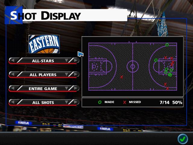 NBA Live 99 (Windows) screenshot: Shot display (we're shooting 50%, not bad at all)