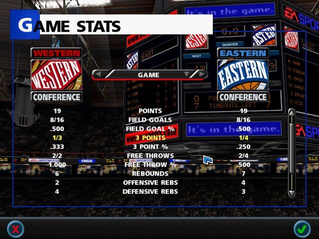 NBA Live 99 (Windows) screenshot: No basketball game without stats, stats, & stats!