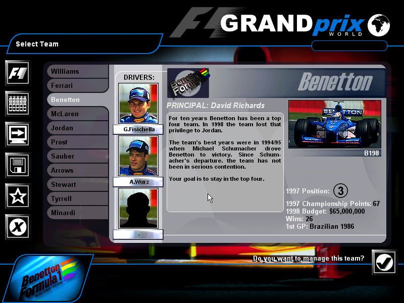 Grand Prix World (Windows) screenshot: Team selection screen