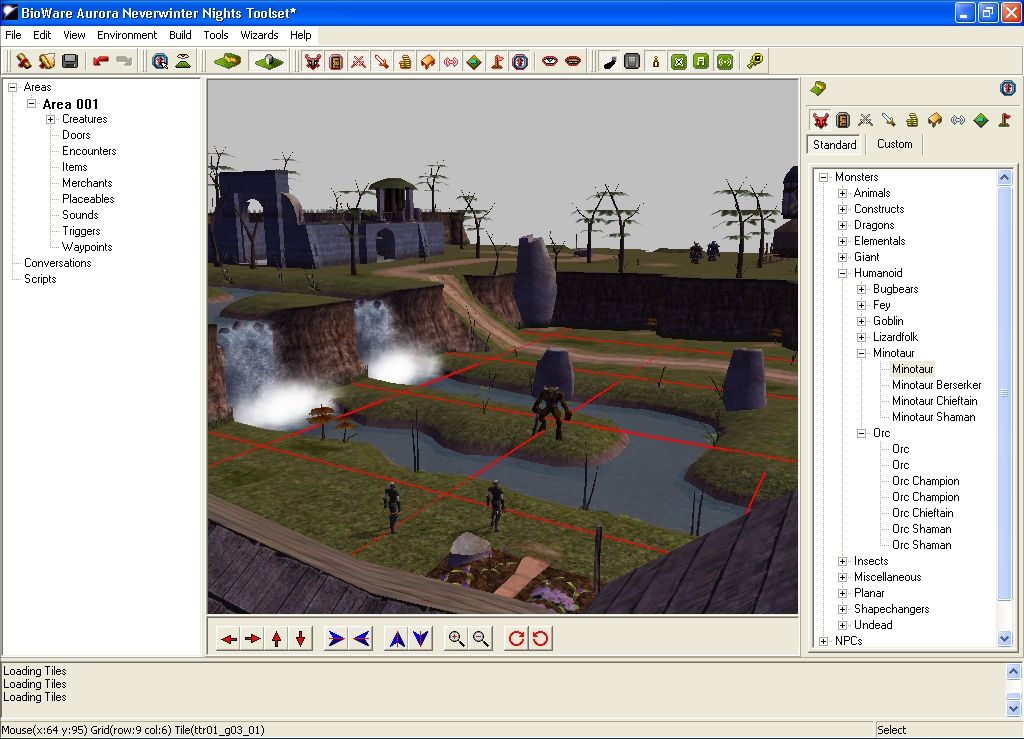 Neverwinter Nights (Windows) screenshot: The Lay of the Land. Designing an outdoors setting, complete with elves and minotaurs.