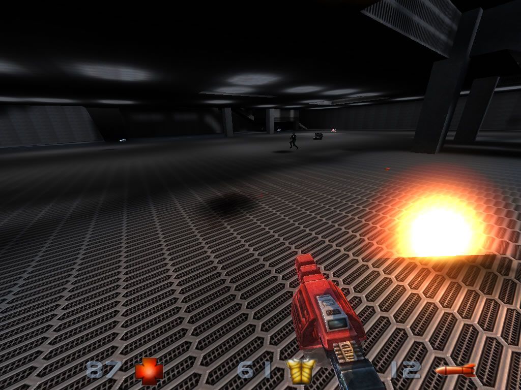 Nexuiz (Windows) screenshot: Under attack in a space station.
